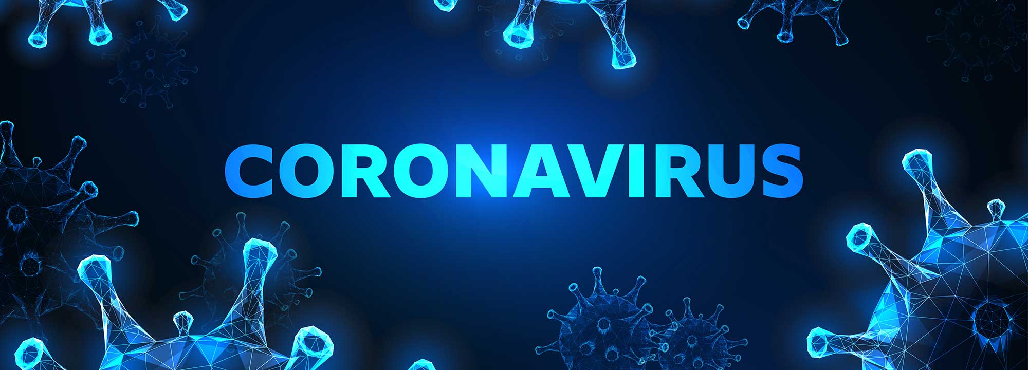 Futuristic coronavirus cells abstract background with glowing low polygonal virus cells and text on dark blue background. 