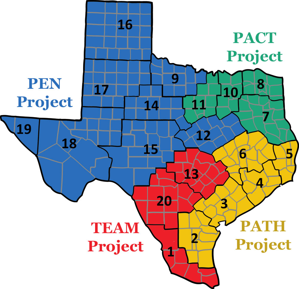 Map of Texas with the areas served by the PTIs shaded in different colors