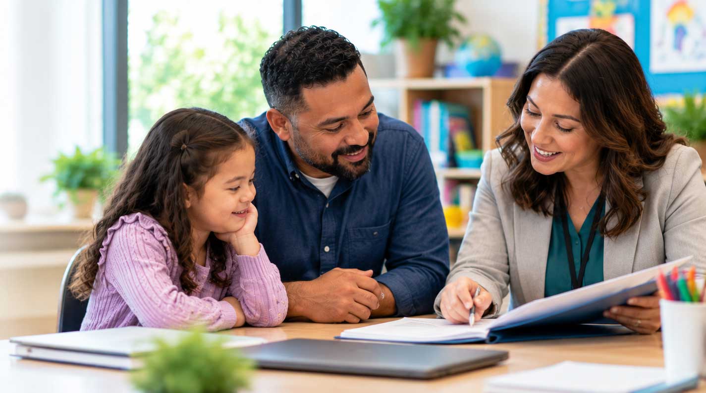 Father and daughter reviewing evaluation documents with a school professional.