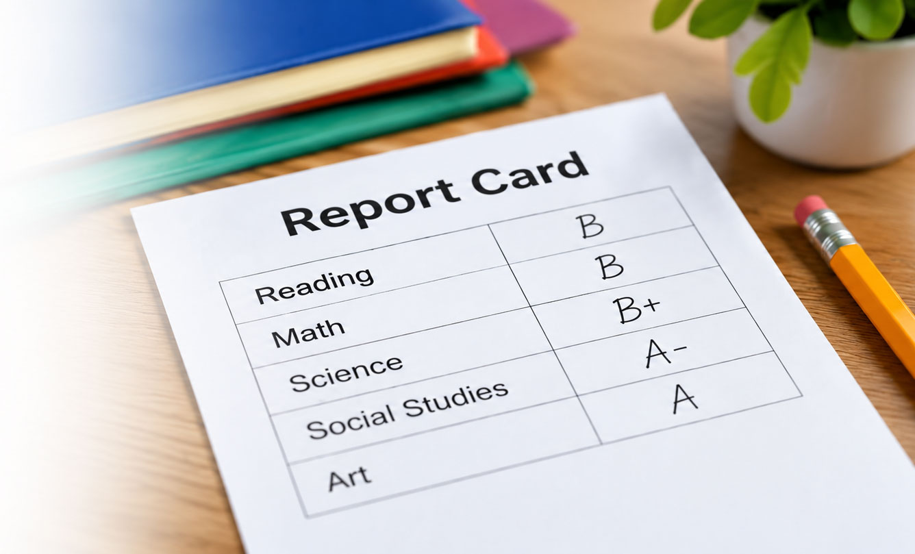 Report card showing passing grades in several school subjects.