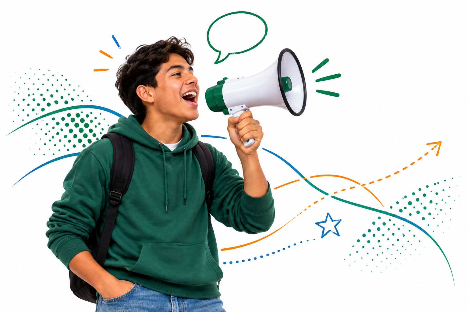 Enthusiastic-Student-with-Megaphone Young man using a megaphone, representing youth self-advocacy and speaking up.