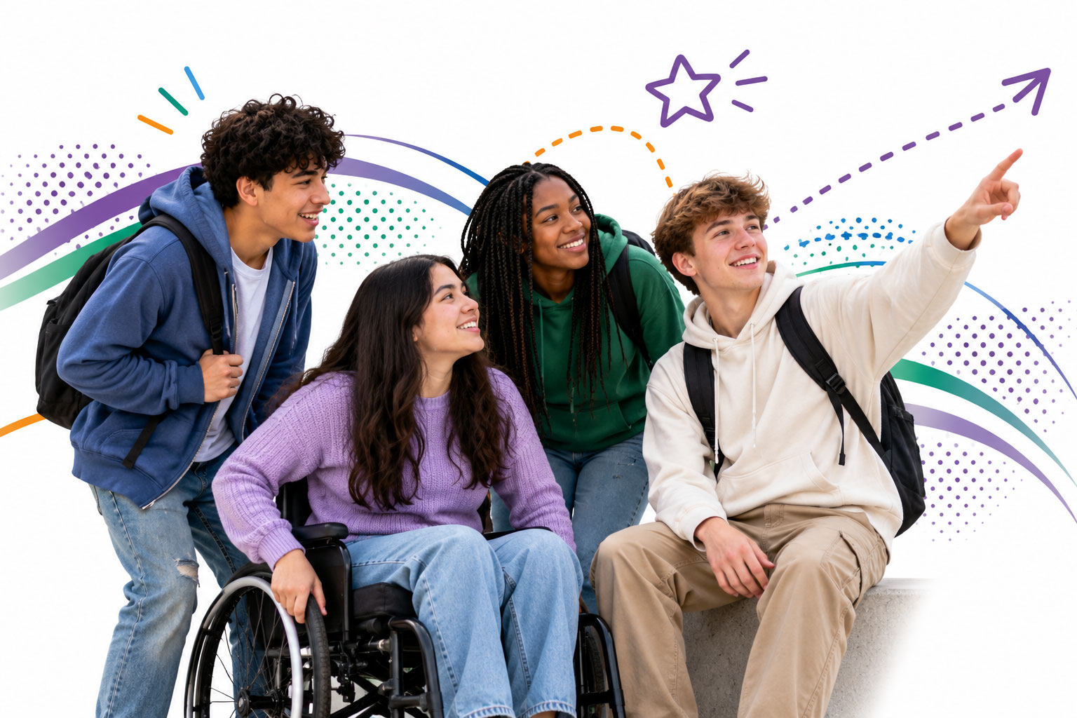 Inclusive-Youth_-Colorful-Paths-Forward Diverse group of teens making choices together, including a teen who uses a wheelchair.