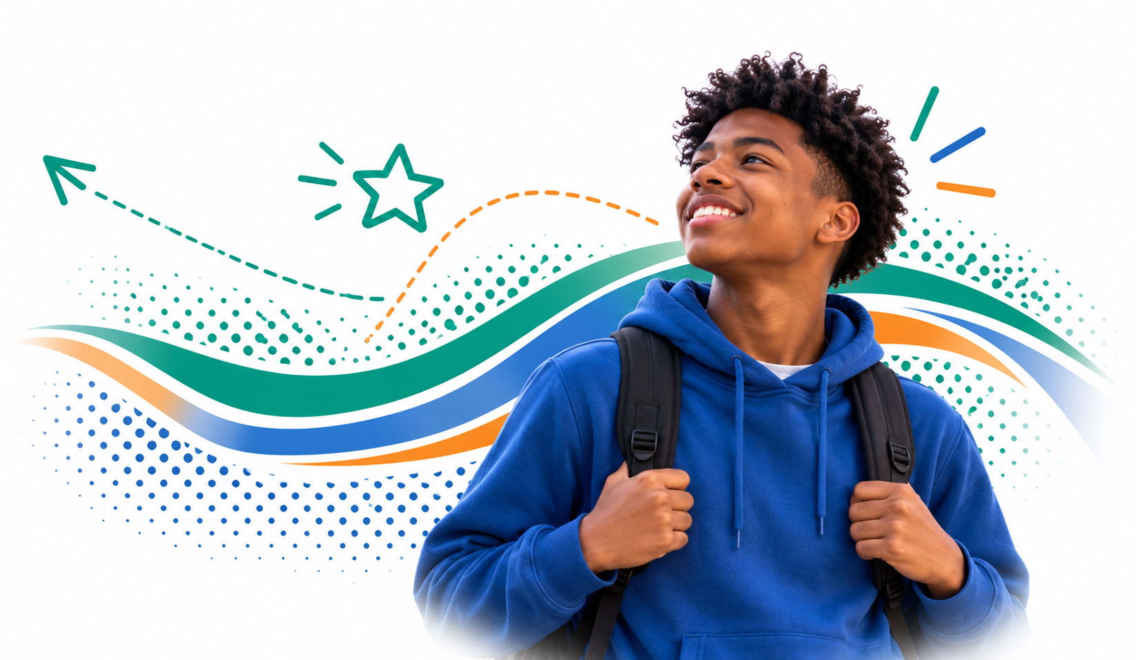 Optimistic-Teen-with-Colorful-Motion-Graphics teenage boy with a backpack looking ahead, representing youth leadership and getting involved