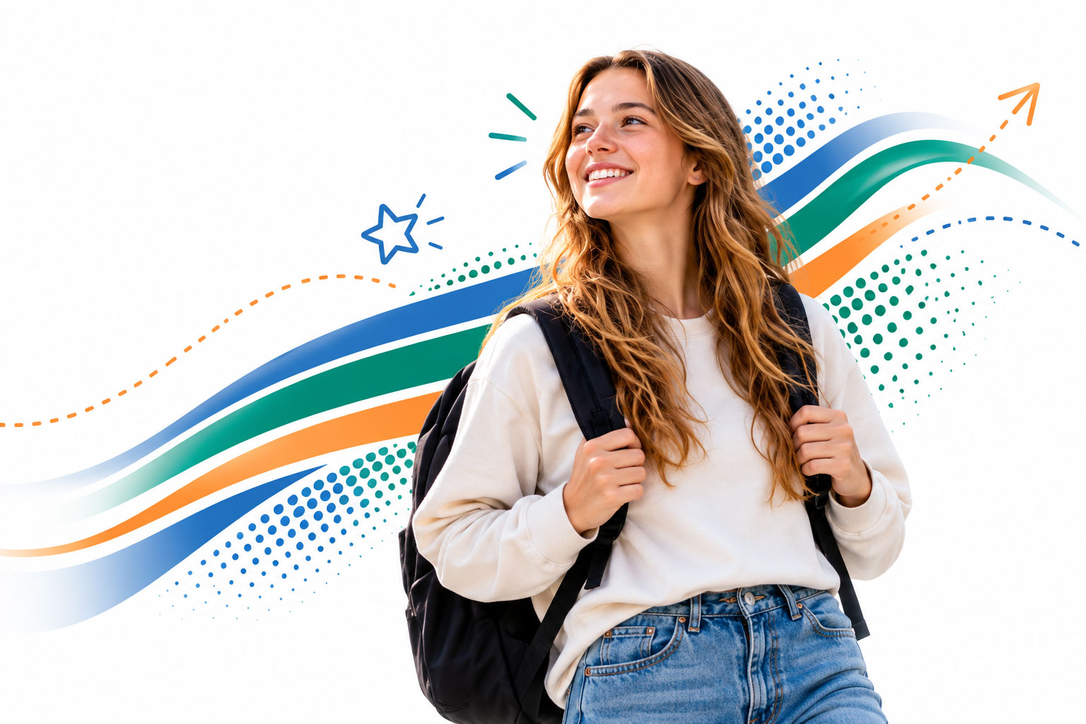 Smiling-Student-in-Colorful-Motion Young woman with a backpack looking ahead, representing planning for life after high school.
