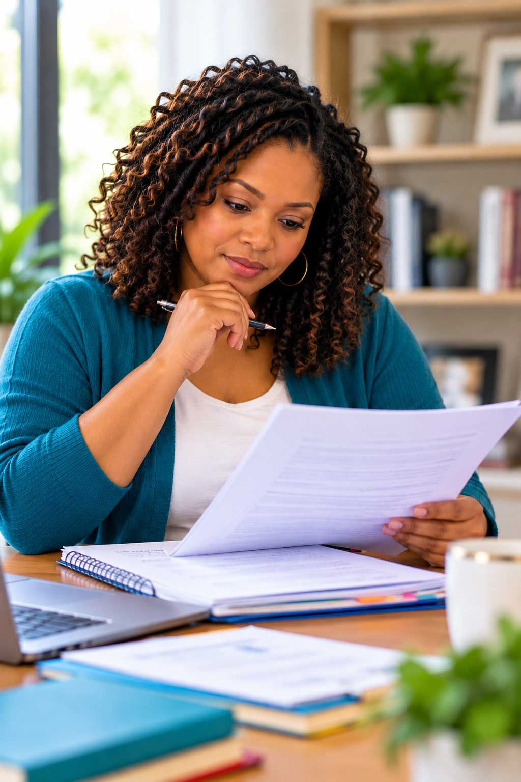 Woman reviewing evaluation documents and taking notes at a desk.