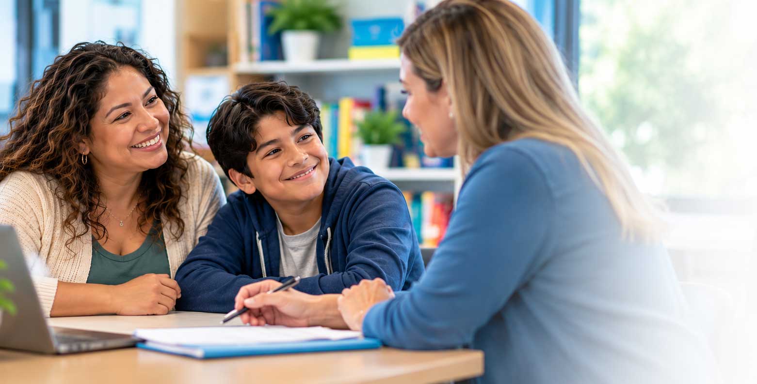 Mother and son talking with a school professional during a meeting.